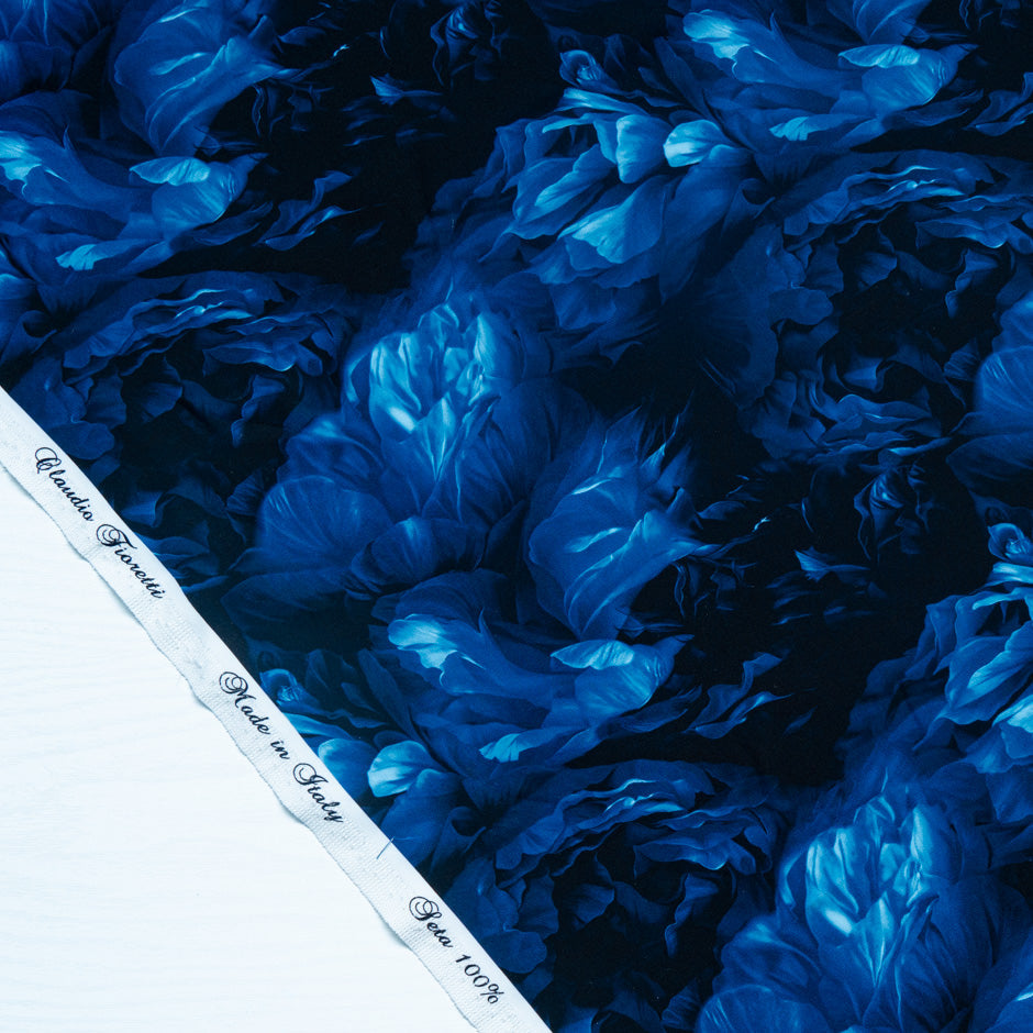 Dark Blue Floral Printed Pure Silk Marocain Crêpe