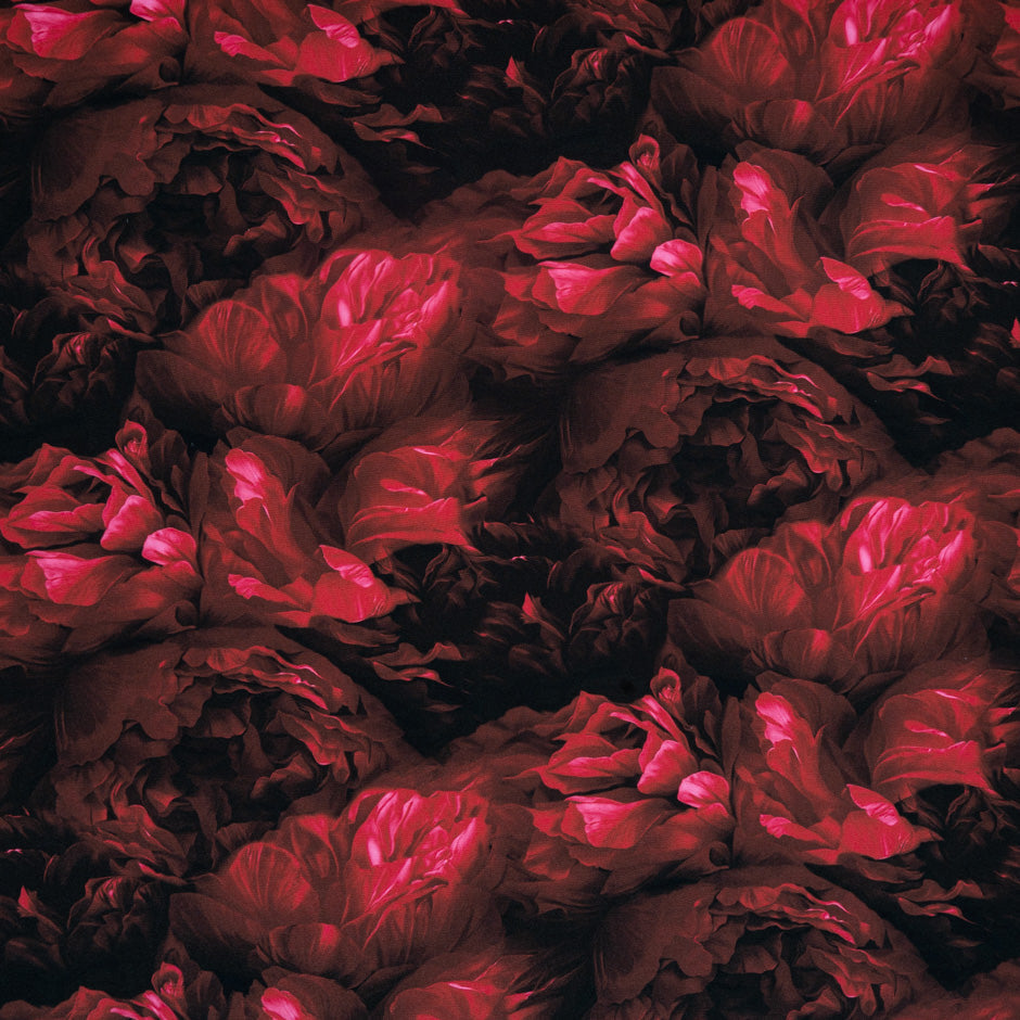 Deep Red Floral Printed Pure Silk Marocain Crêpe