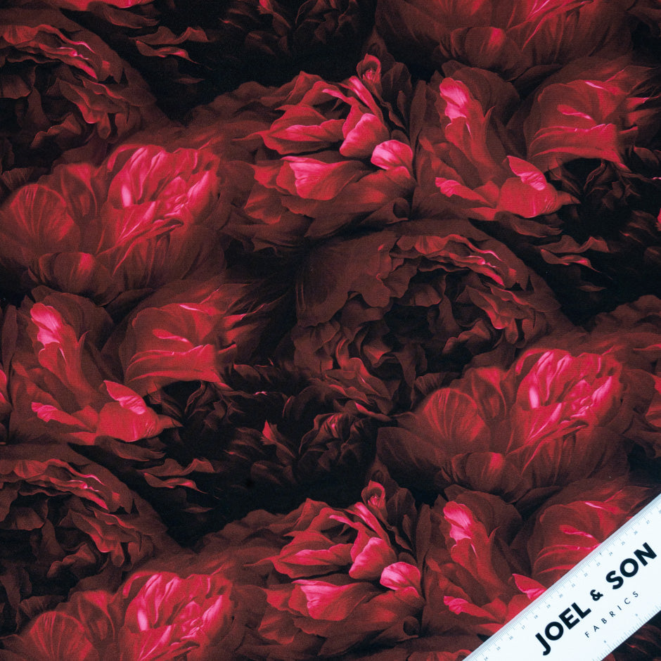 Deep Red Floral Printed Pure Silk Marocain Crêpe