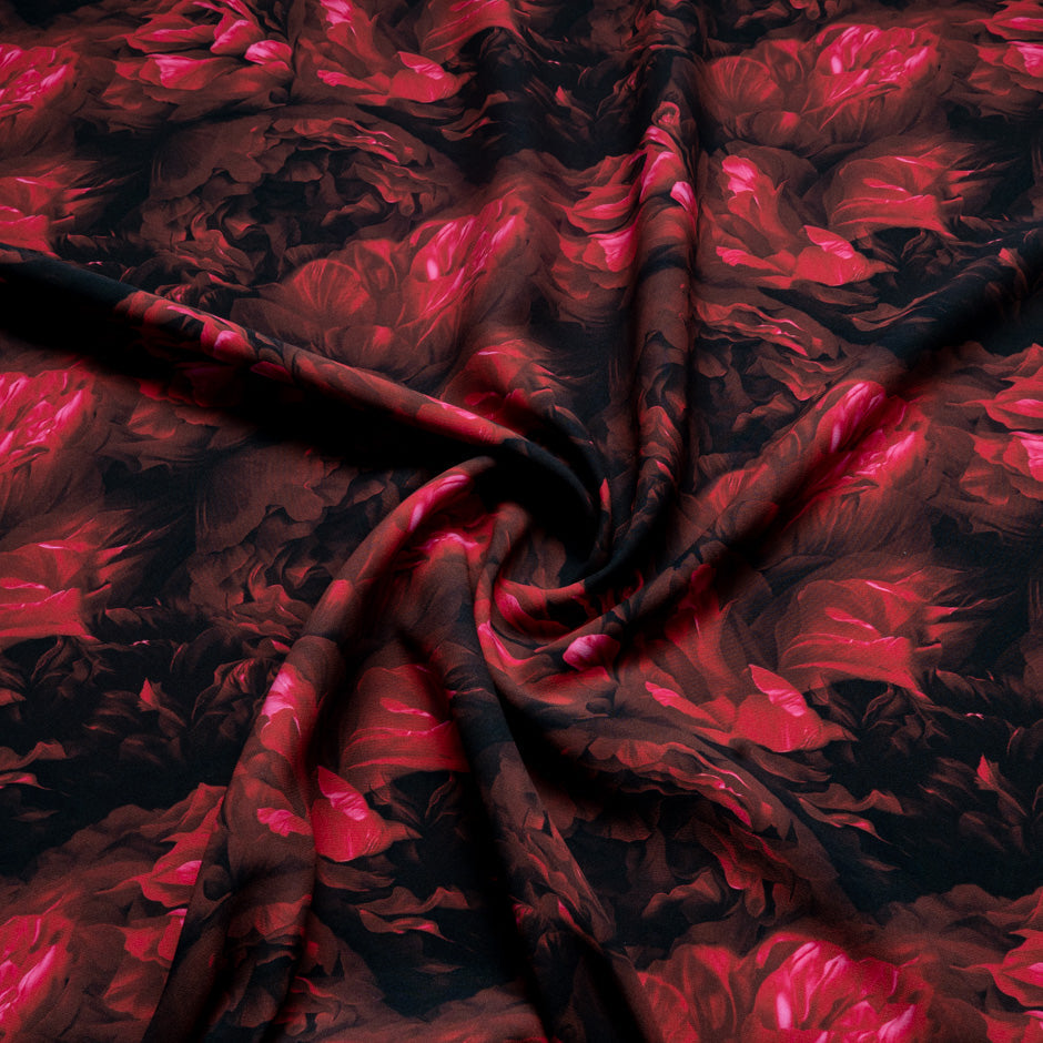 Deep Red Floral Printed Pure Silk Marocain Crêpe