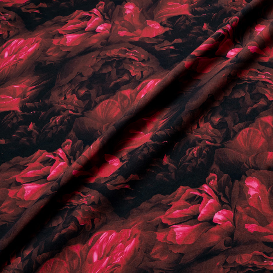 Deep Red Floral Printed Pure Silk Marocain Crêpe