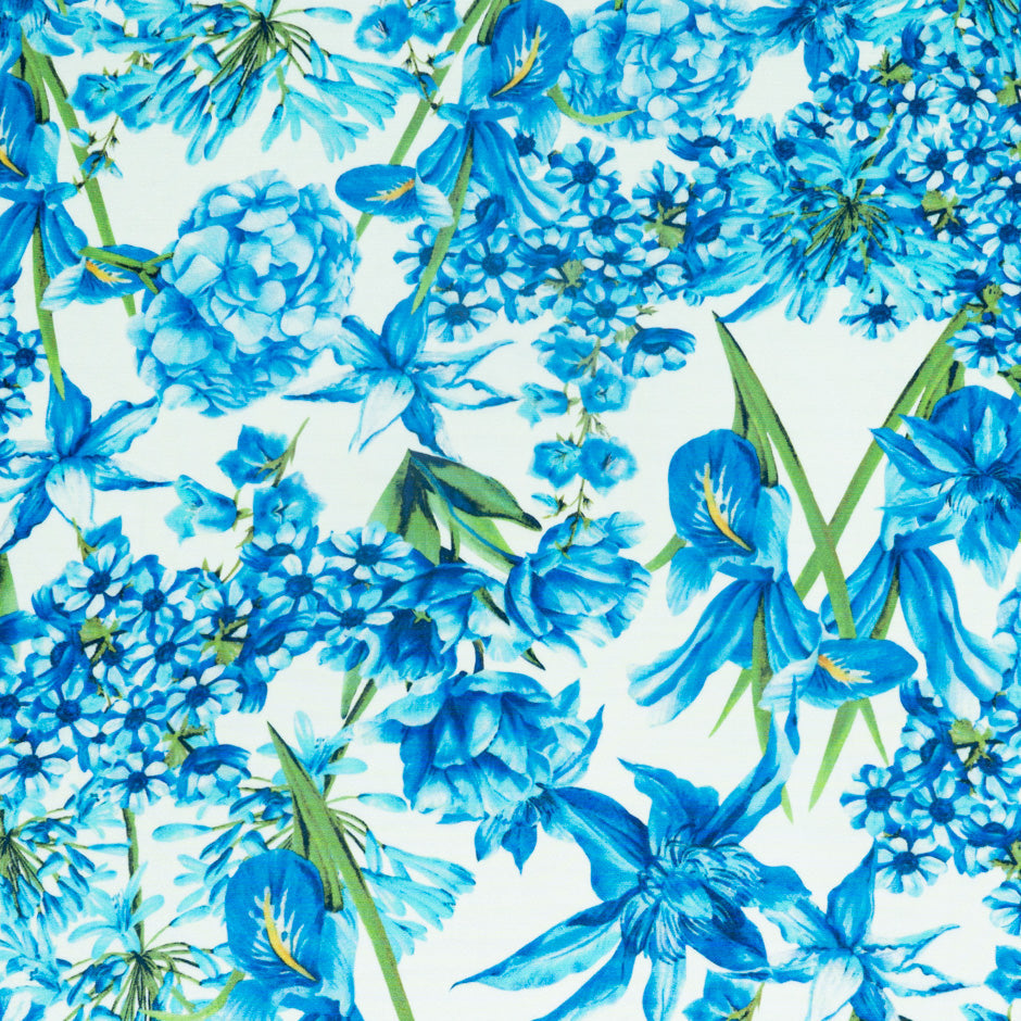 Blue Multi Floral Printed Silk Marocain Crêpe