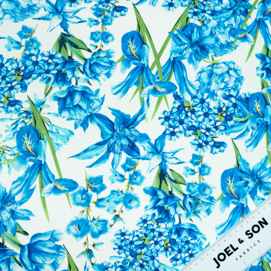 Blue Multi Floral Printed Silk Marocain Crêpe