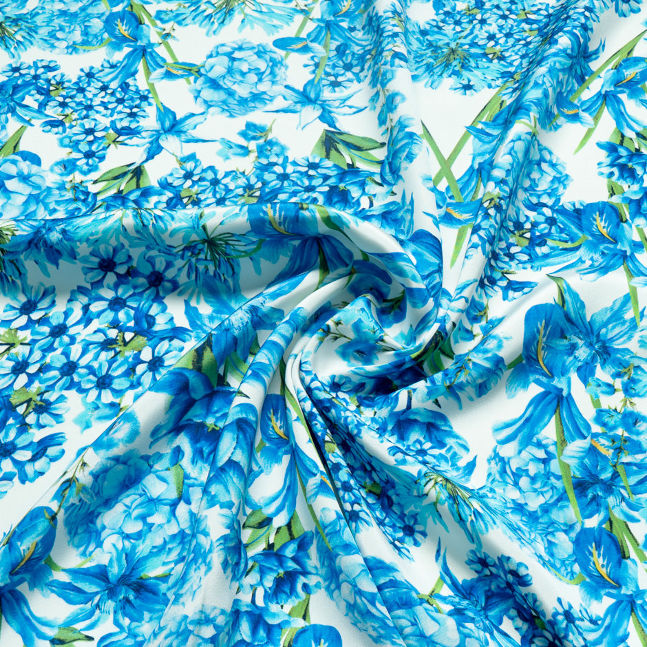 Blue Multi Floral Printed Silk Marocain Crêpe