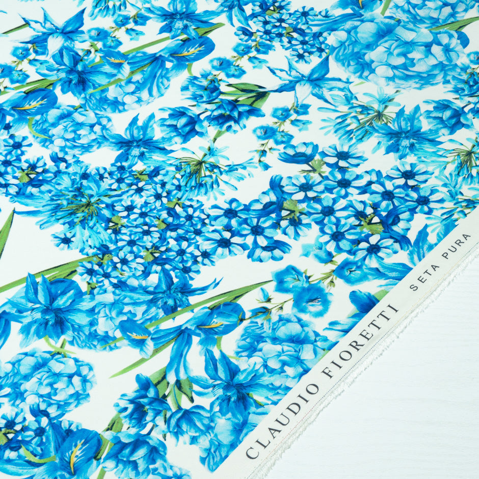Blue Multi Floral Printed Silk Marocain Crêpe