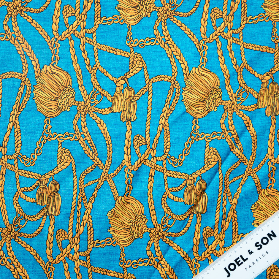 Rope Printed Turquoise Blue Pure Silk Twill