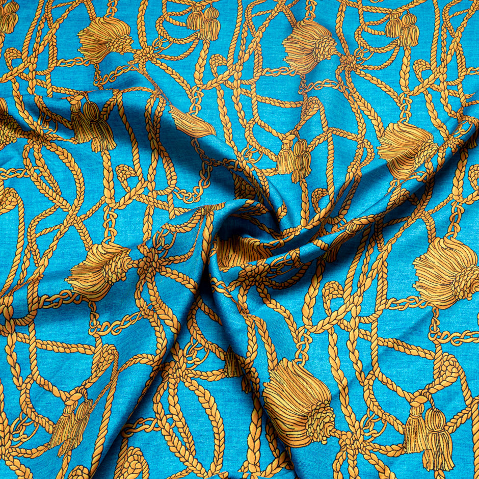 Rope Printed Turquoise Blue Pure Silk Twill