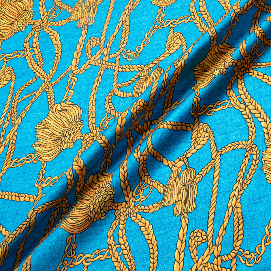 Rope Printed Turquoise Blue Pure Silk Twill