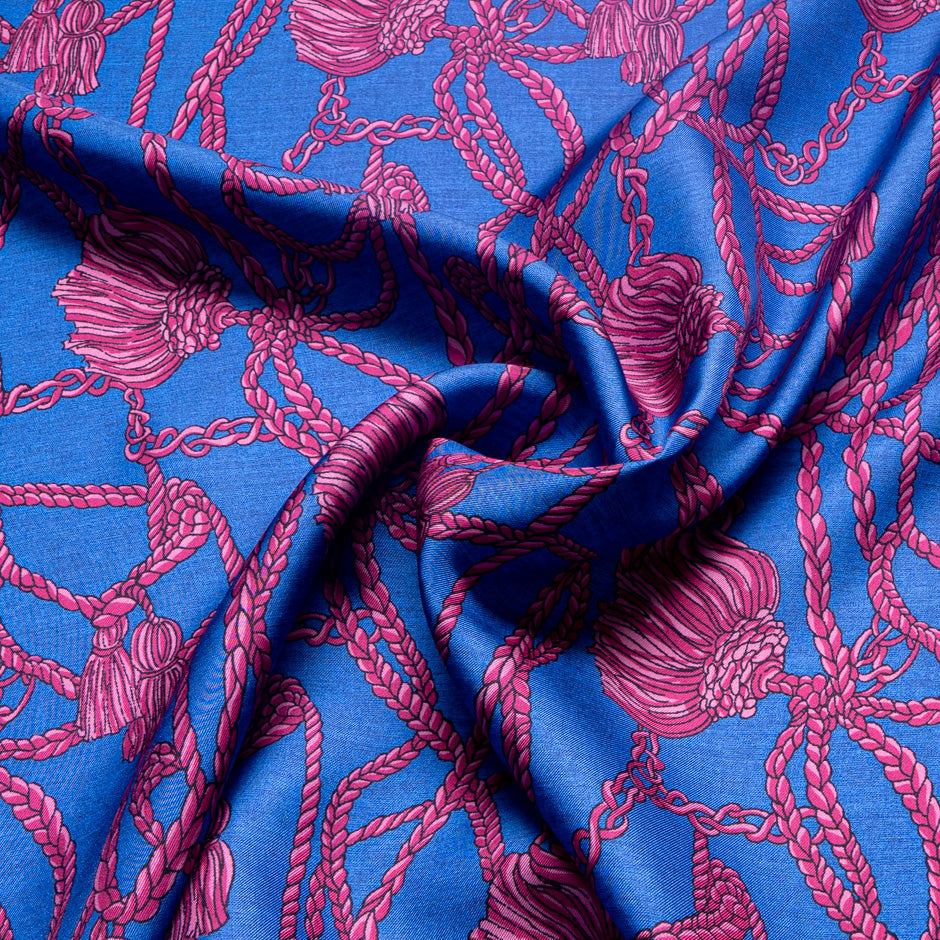 Pink Rope Printed Blue Pure Silk Twill