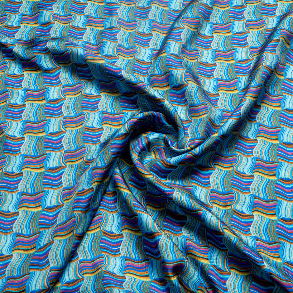 Blue & Multi 'Woven Stripe' Pure Silk Twill