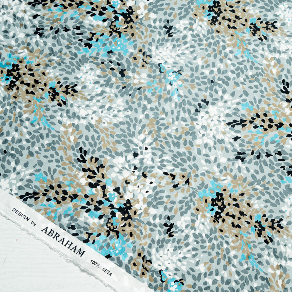 Grey, Beige & Blue Printed Pure Silk Jacquard