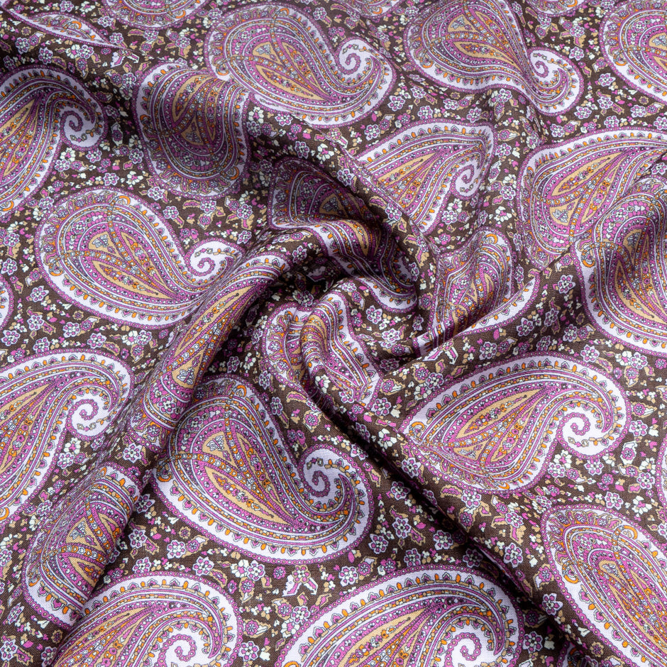 Pink & Brown Paisley Printed Pure Linen