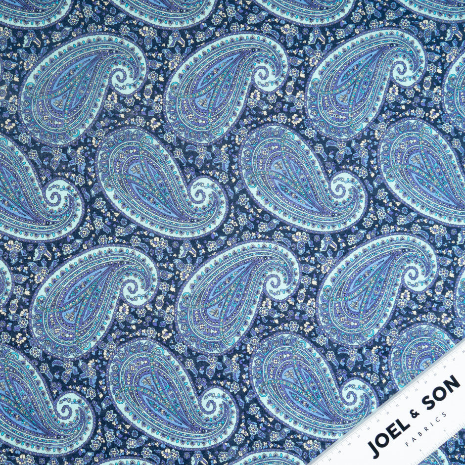 Blue & Lilac Paisley Printed Pure Linen