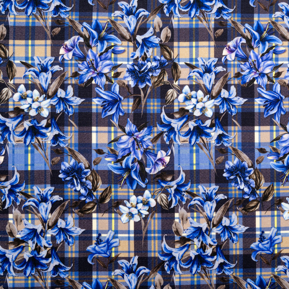Blue Floral & Tartan Printed Pure Merino Wool