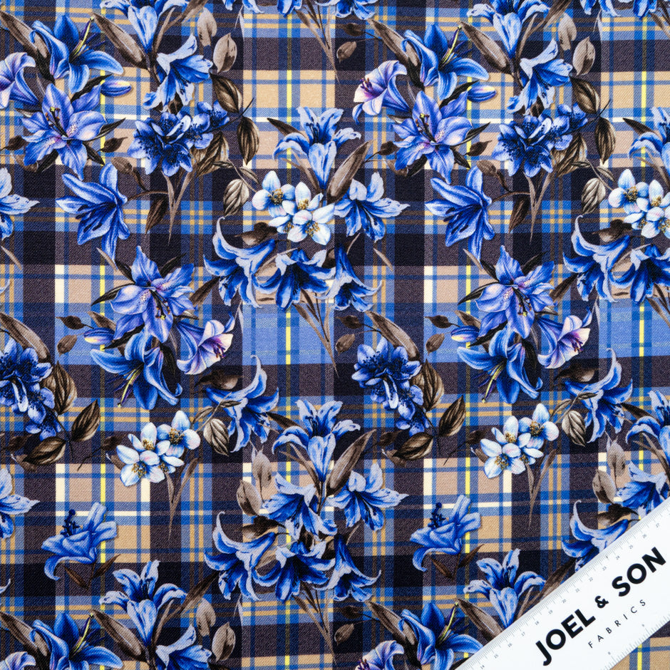 Blue Floral & Tartan Printed Pure Merino Wool