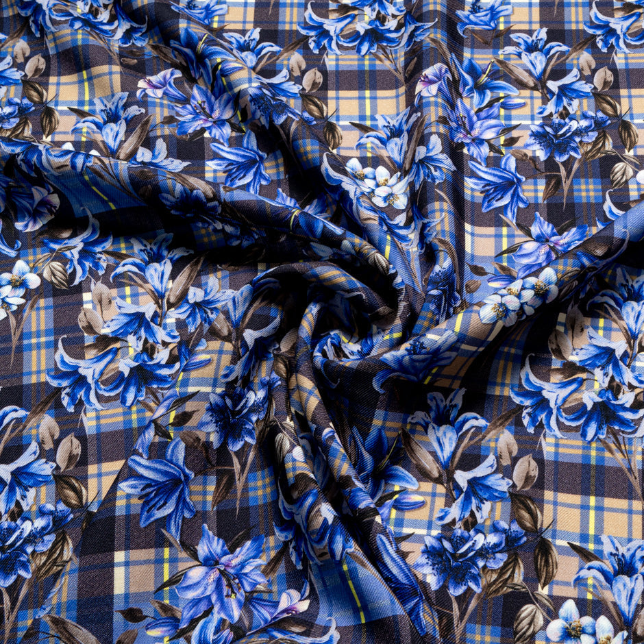 Blue Floral & Tartan Printed Pure Merino Wool
