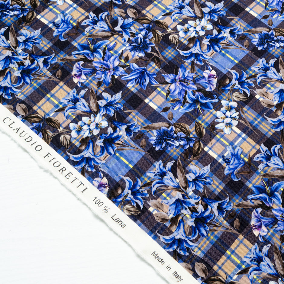 Blue Floral & Tartan Printed Pure Merino Wool