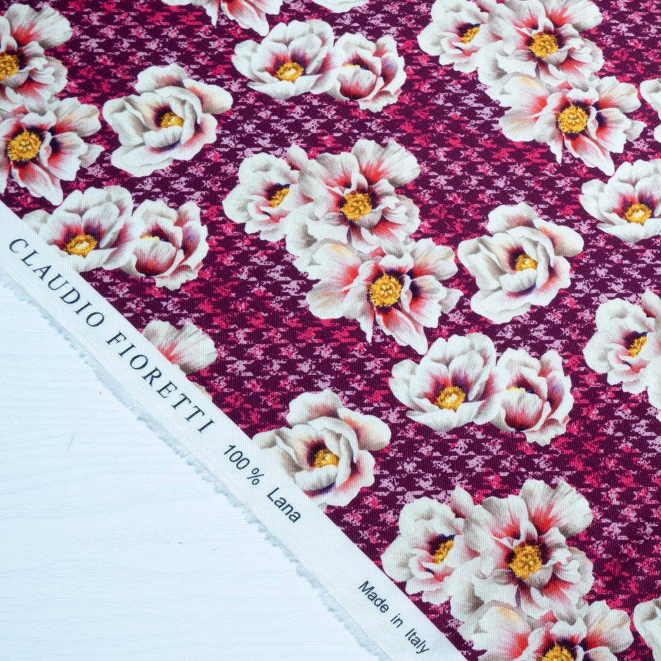 Floral Printed Pink Dogtooth Pure Merino Wool