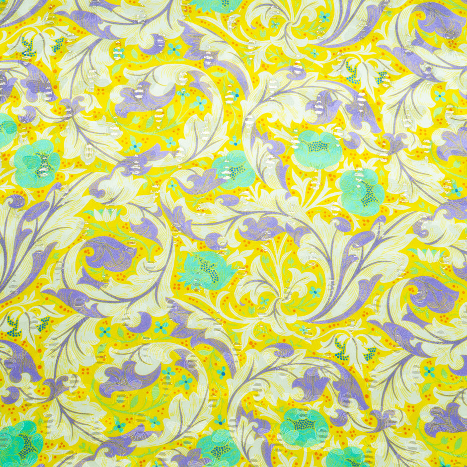 Aqua Floral Printed Bright Yellow Silk Jacquard