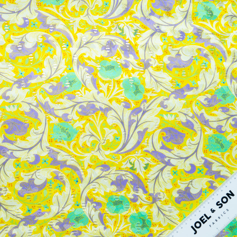 Aqua Floral Printed Bright Yellow Silk Jacquard