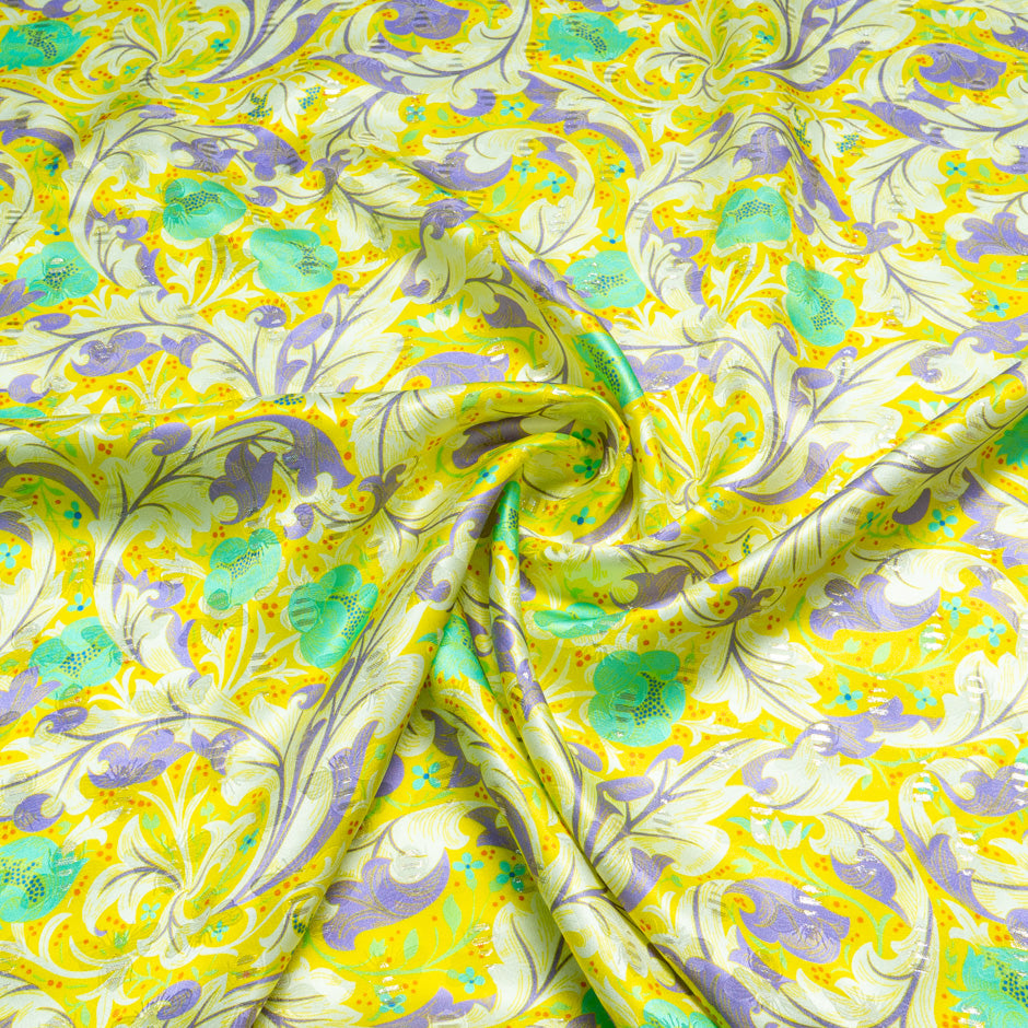 Aqua Floral Printed Bright Yellow Silk Jacquard