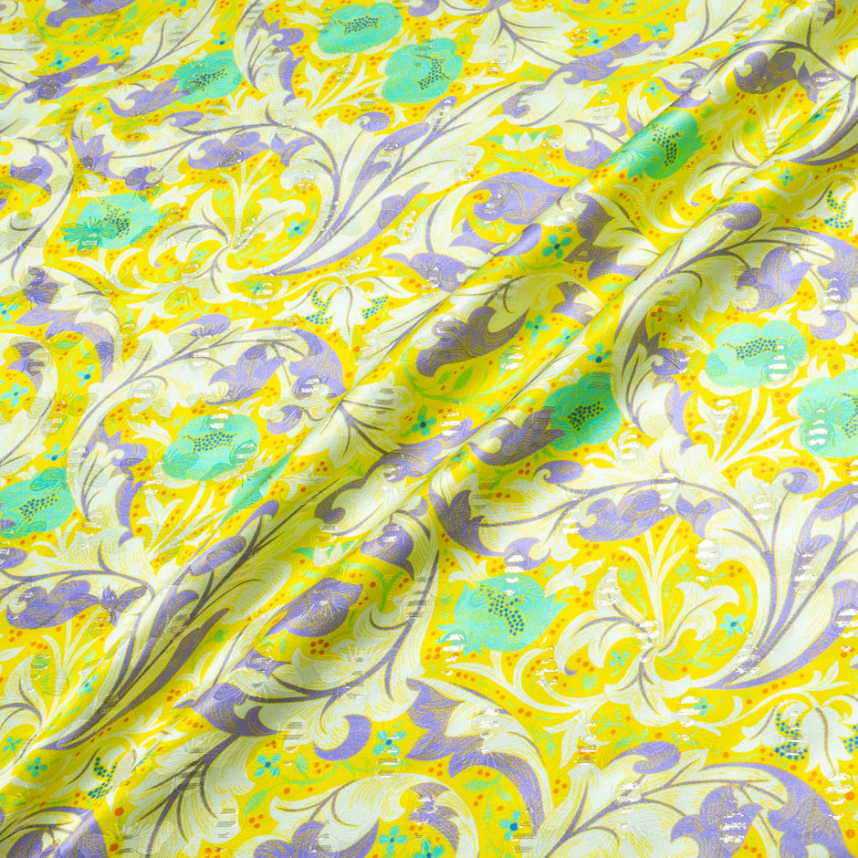 Aqua Floral Printed Bright Yellow Silk Jacquard