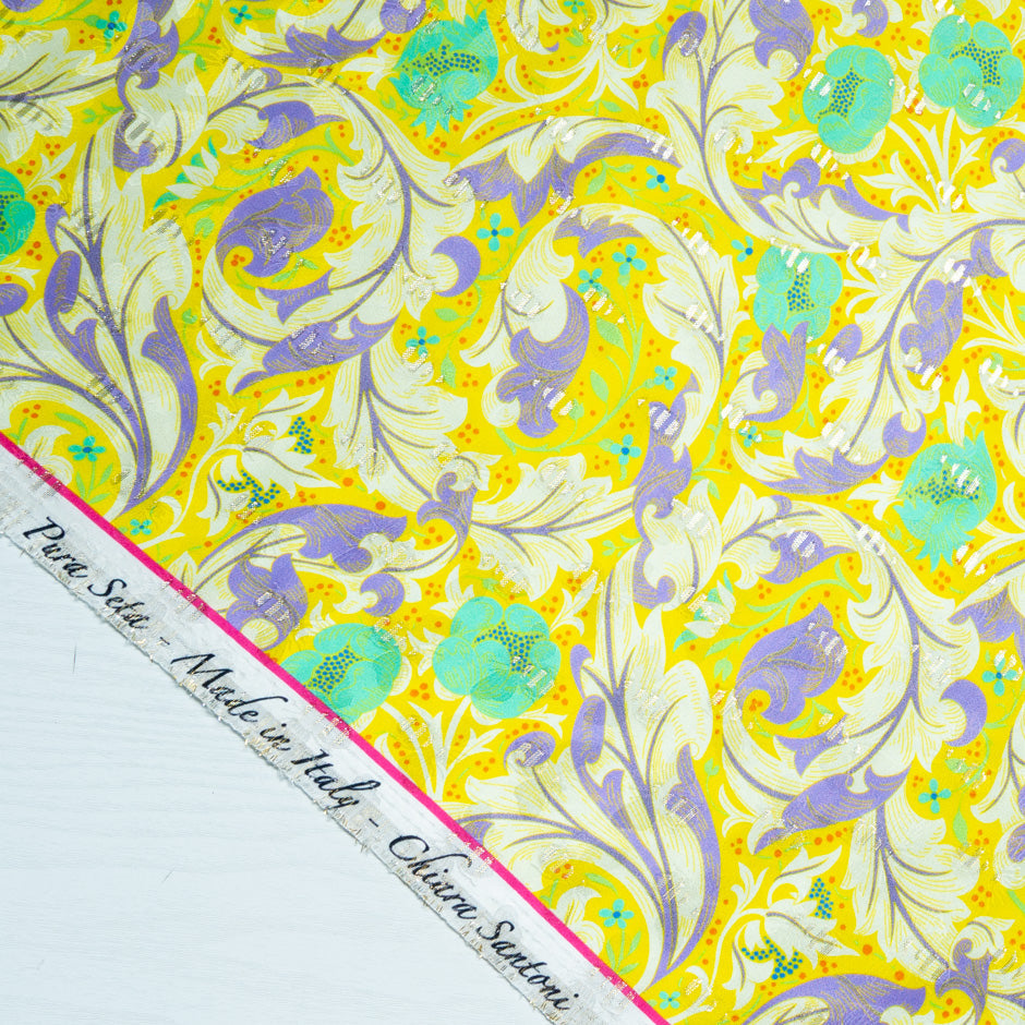 Aqua Floral Printed Bright Yellow Silk Jacquard