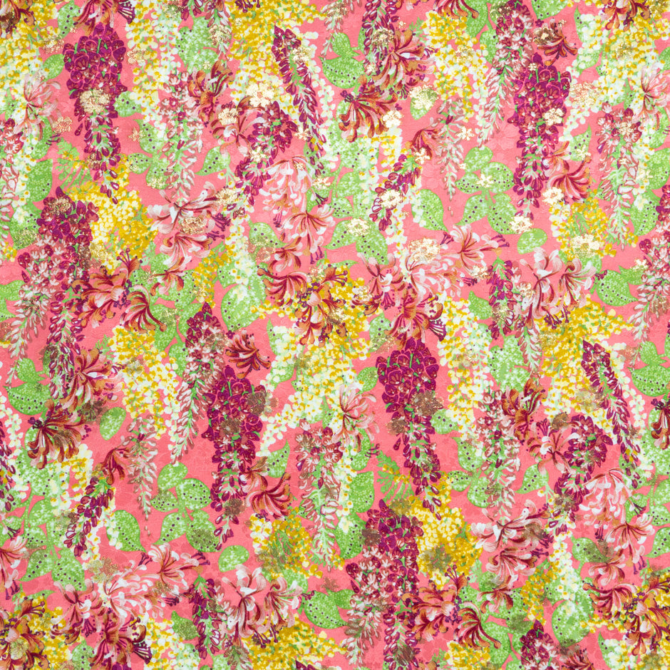 Green & Yellow Floral Pink Silk Metallic Jacquard
