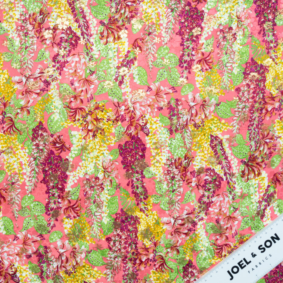 Green & Yellow Floral Pink Silk Metallic Jacquard