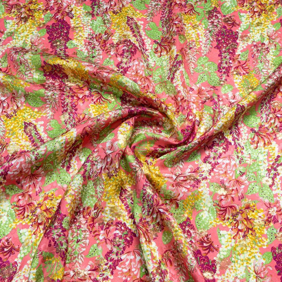 Green & Yellow Floral Pink Silk Metallic Jacquard