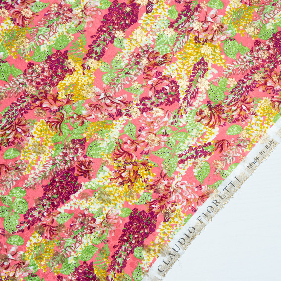 Green & Yellow Floral Pink Silk Metallic Jacquard