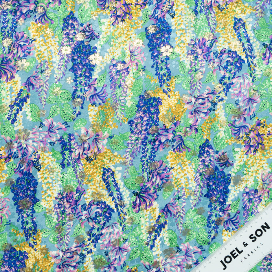 Yellow & Green Floral Blue Silk Metallic Jacquard