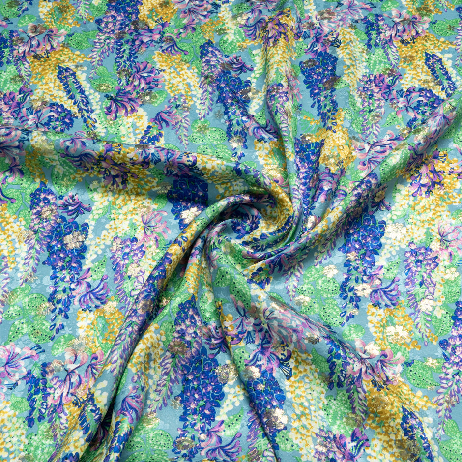 Yellow & Green Floral Blue Silk Metallic Jacquard