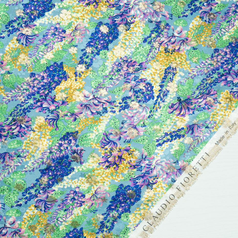 Yellow & Green Floral Blue Silk Metallic Jacquard