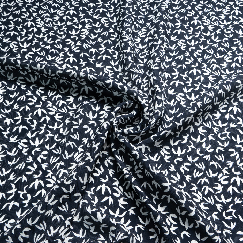 White Abstract 'Bird' Printed Midnight Silk Jacquard
