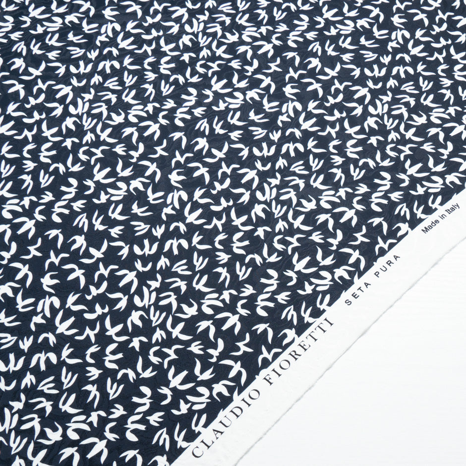White Abstract 'Bird' Printed Midnight Silk Jacquard