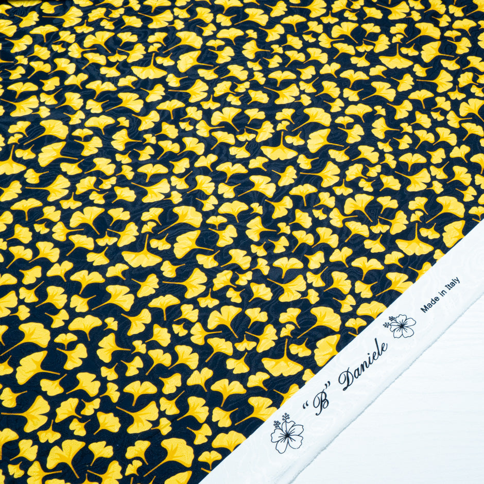 Yellow Ginko Leaf Printed Pure Silk Jacquard