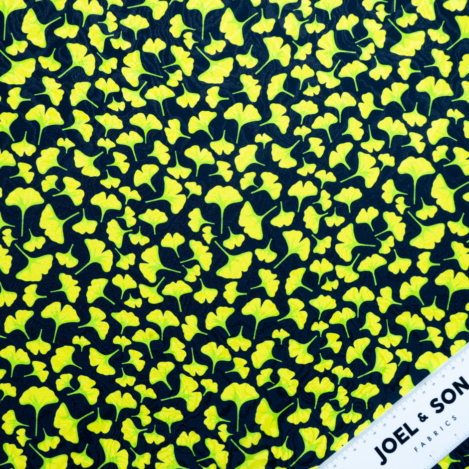 Lime Ginko Leaf Printed Pure Silk Jacquard