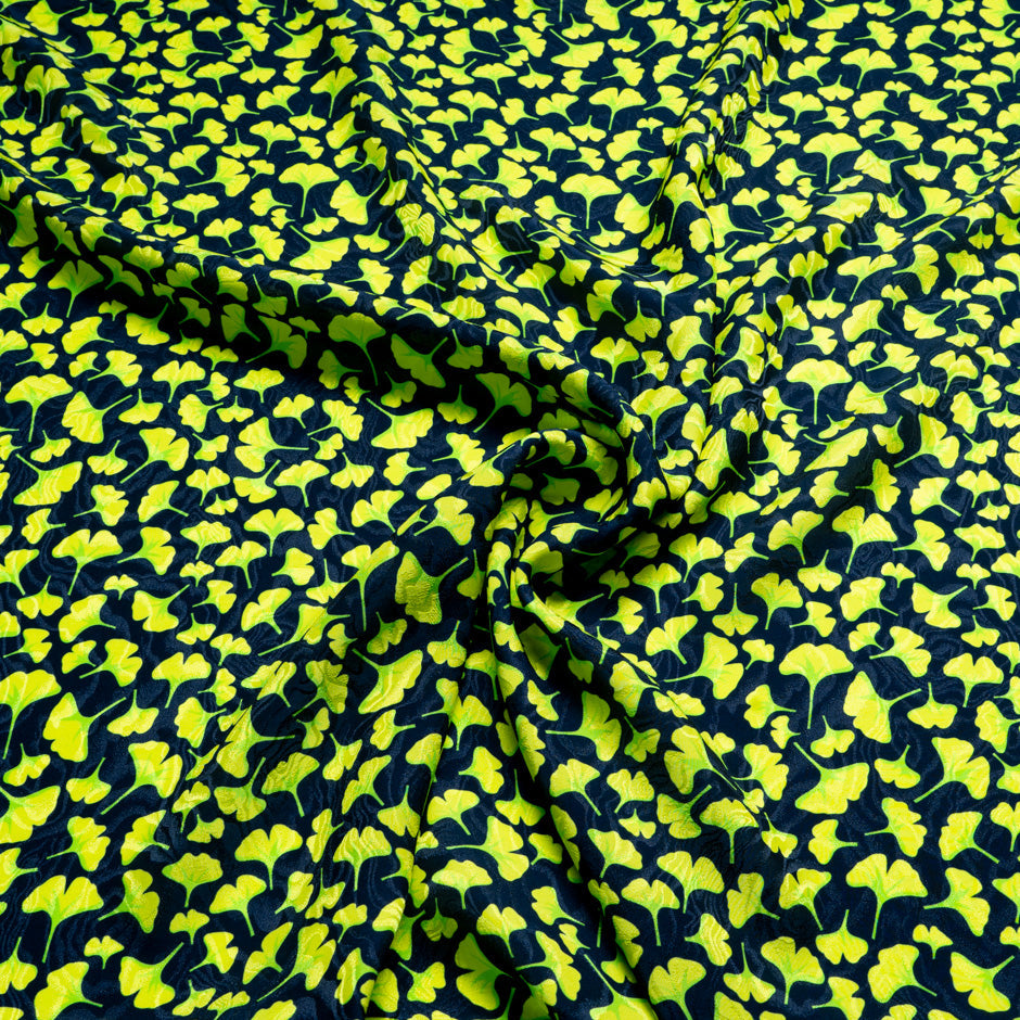 Lime Ginko Leaf Printed Pure Silk Jacquard