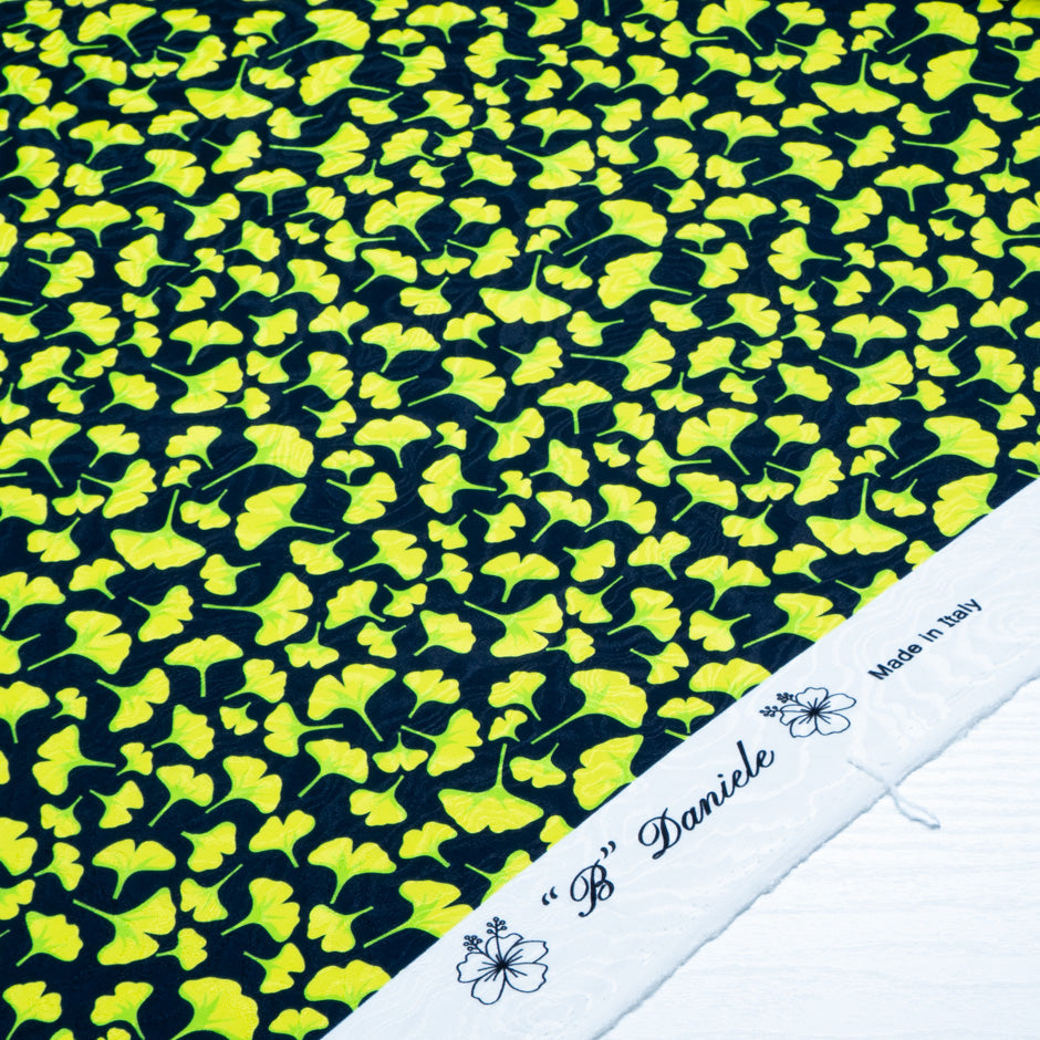 Lime Ginko Leaf Printed Pure Silk Jacquard