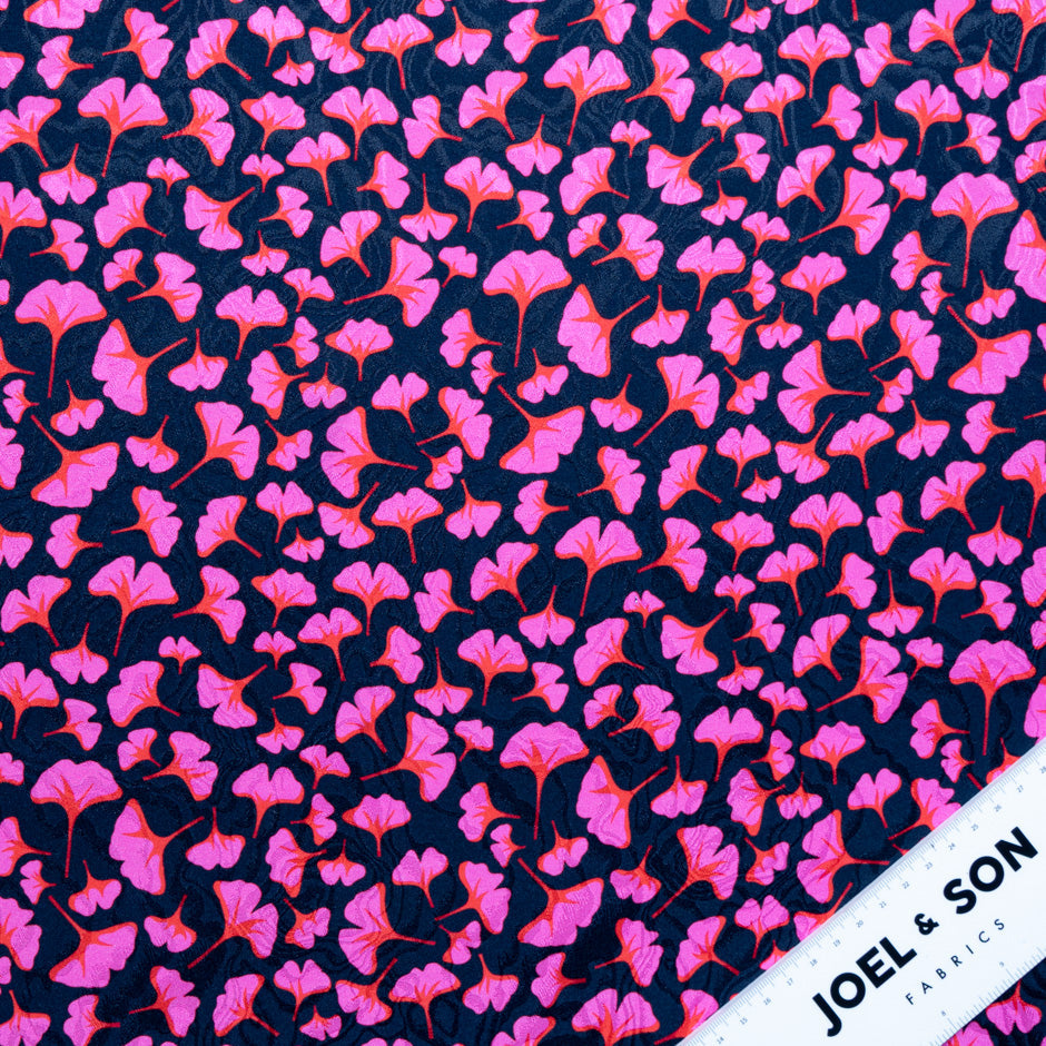 Pink & Red Ginko Leaf Printed Pure Silk Jacquard