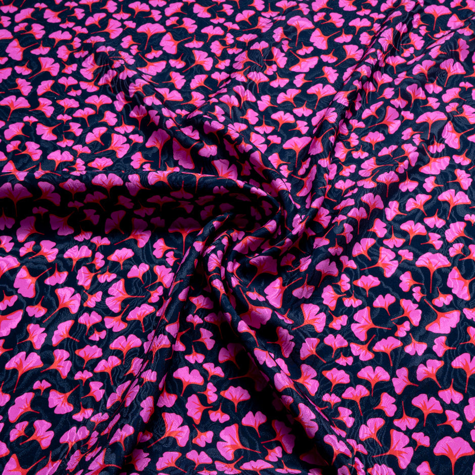 Pink & Red Ginko Leaf Printed Pure Silk Jacquard