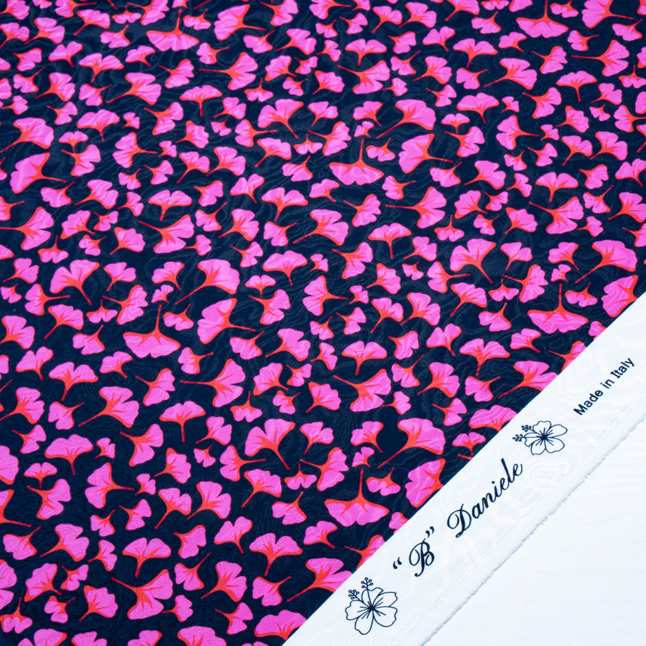 Pink & Red Ginko Leaf Printed Pure Silk Jacquard