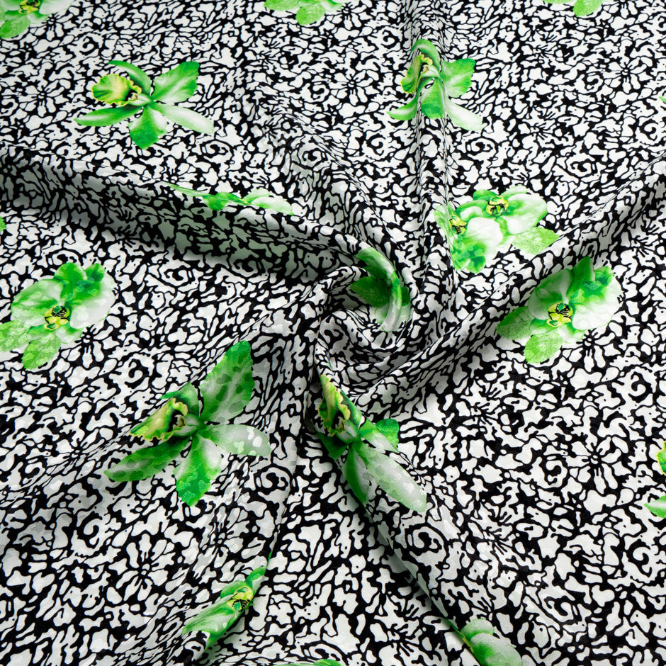 Green Floral Printed Monochrome Silk Jacquard