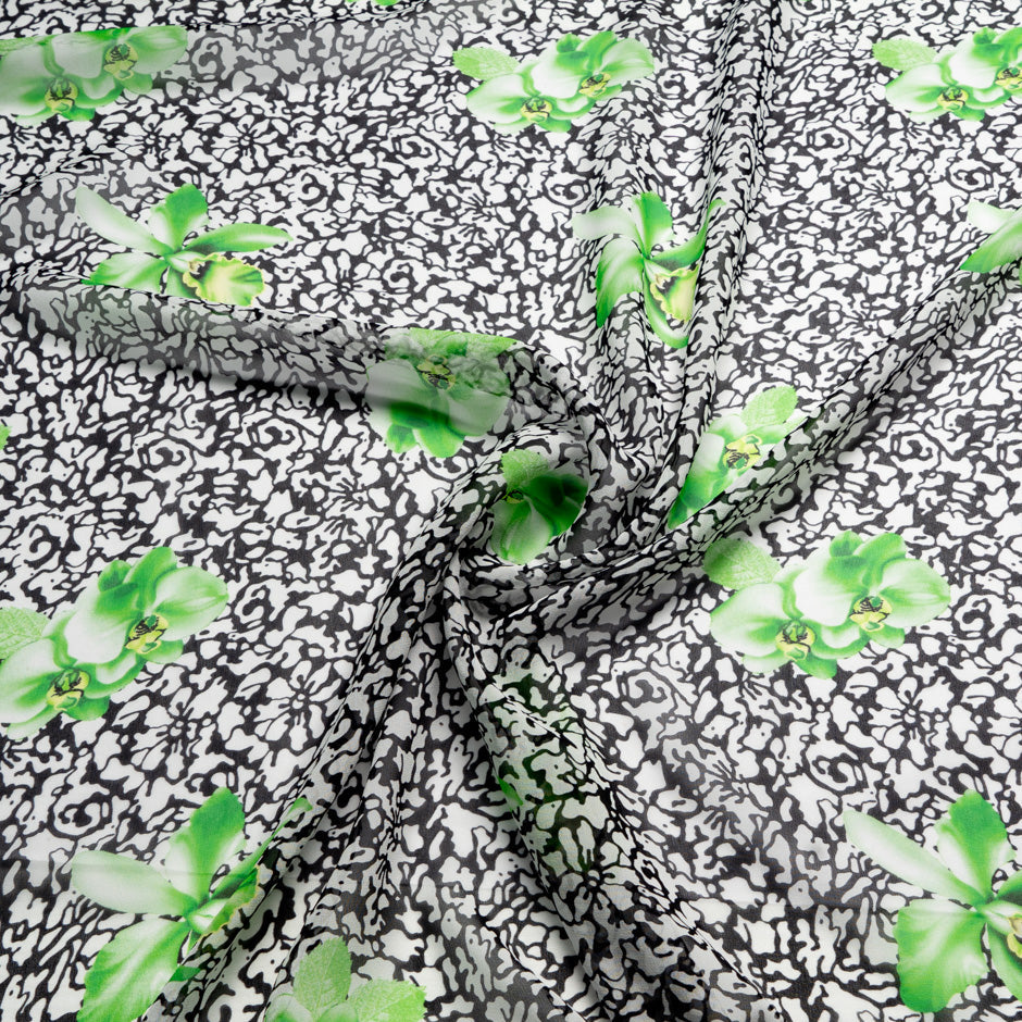 Green Floral Printed Monochrome Silk Georgette