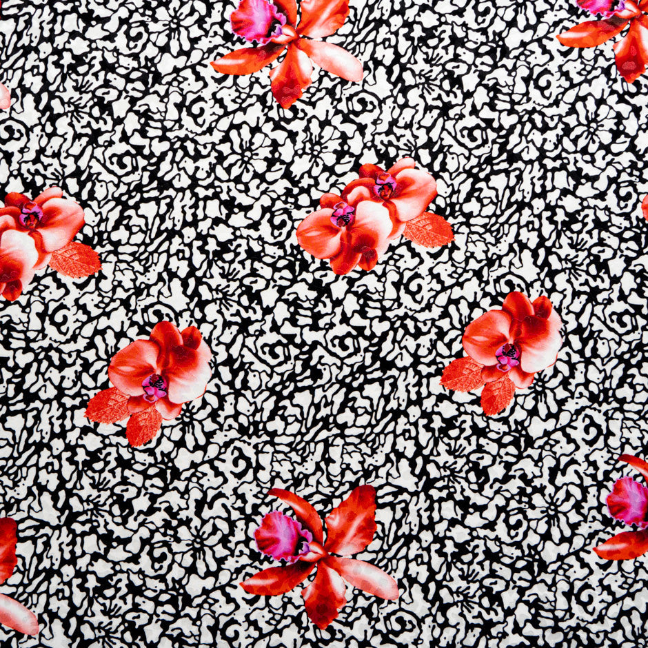 Red Floral Printed Monochrome Silk Jacquard