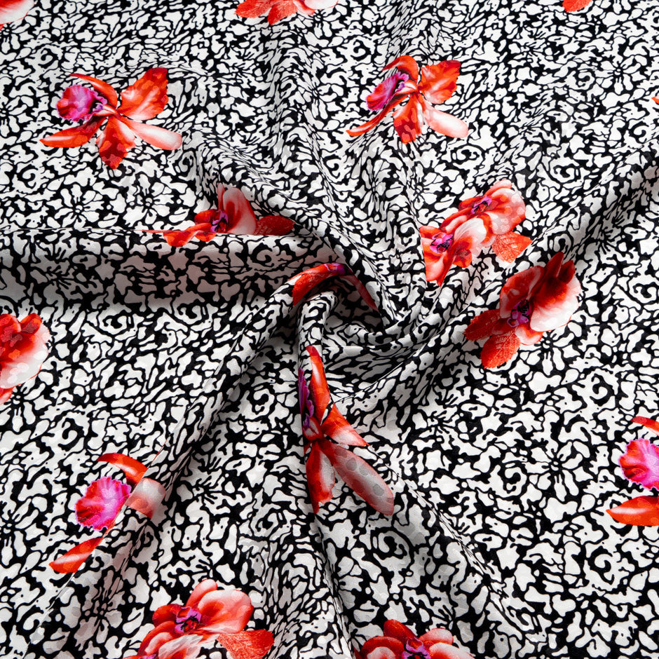 Red Floral Printed Monochrome Silk Jacquard