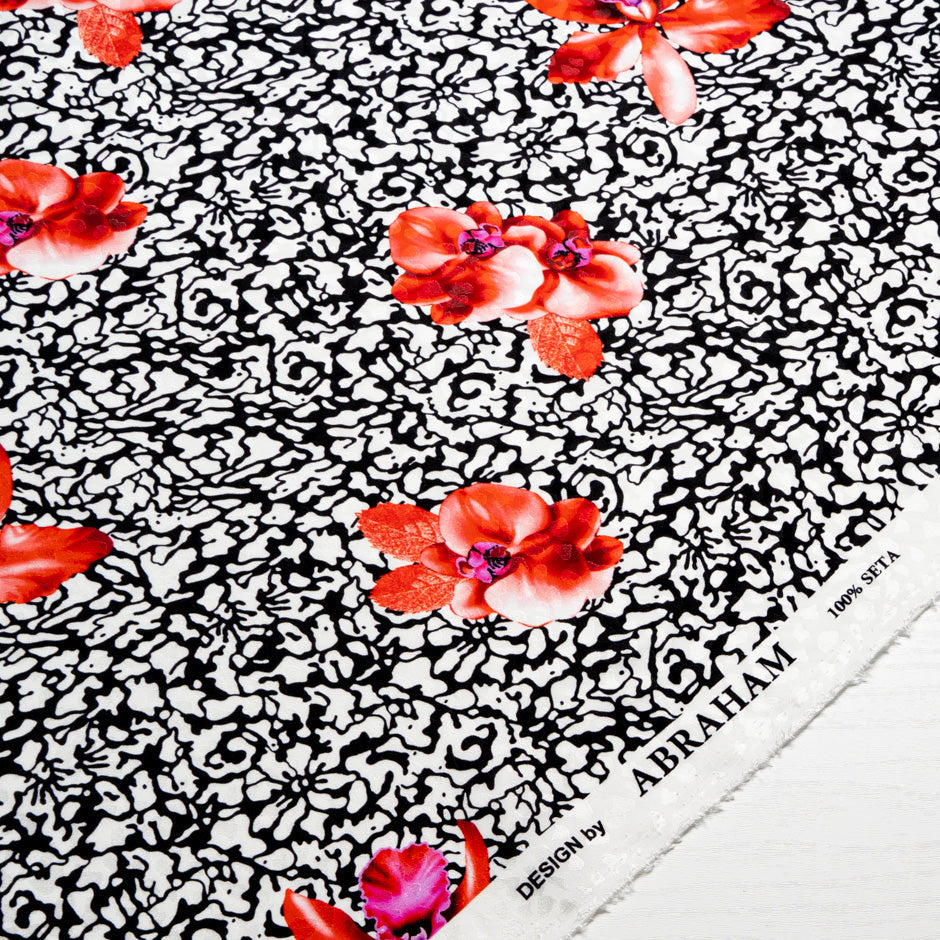 Red Floral Printed Monochrome Silk Jacquard