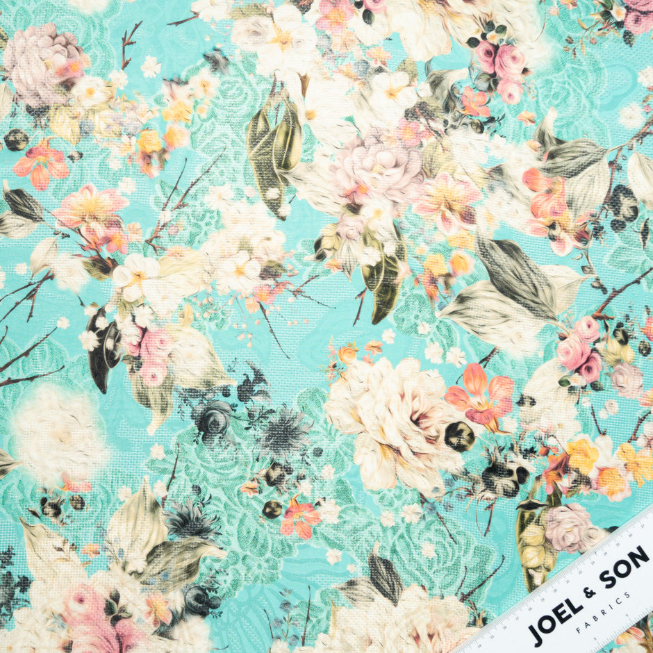 Ivory & Pink Floral Printed Jacquard Silk Organza