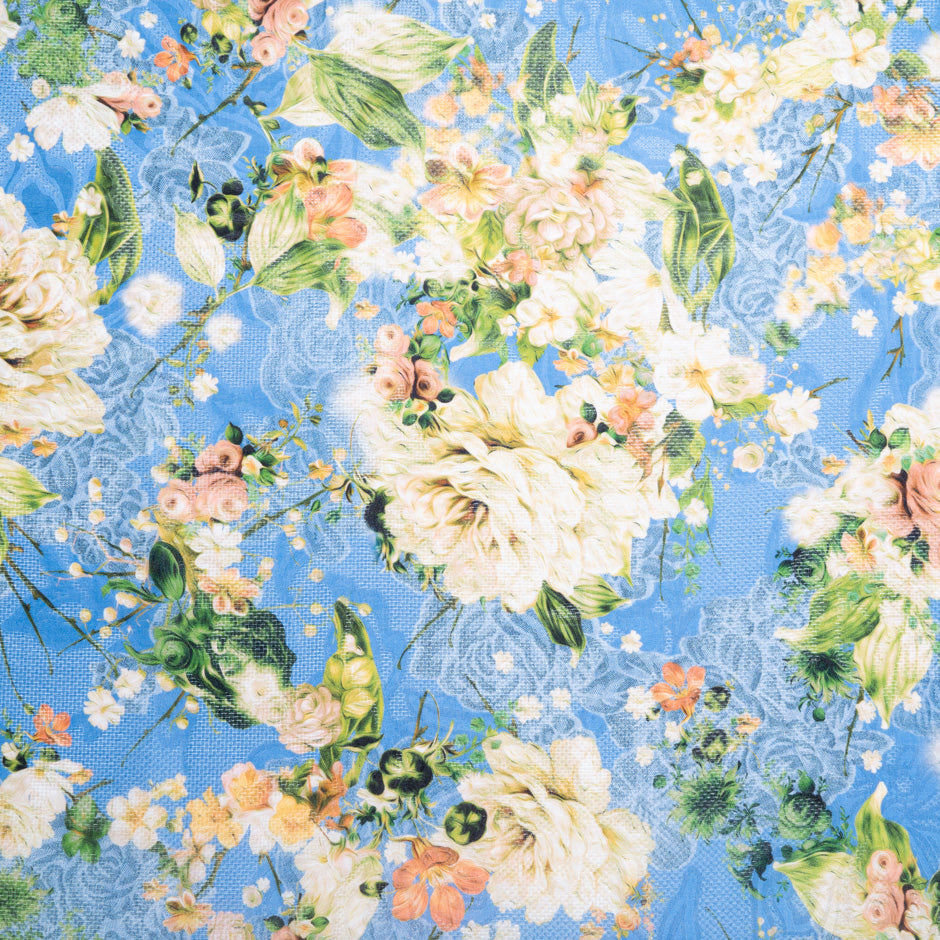 Orange Floral Printed Blue Jacquard Silk Organza